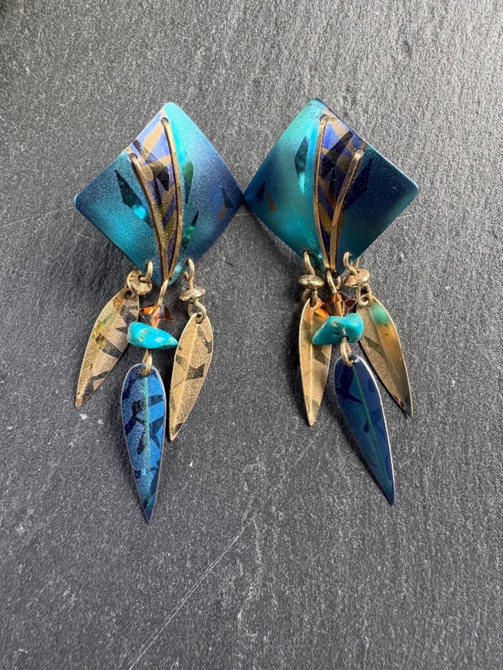 Vintage Holly Yashi Niobium Diamond Drop Earrings Turquoise Leaf Dangle 80s 90s